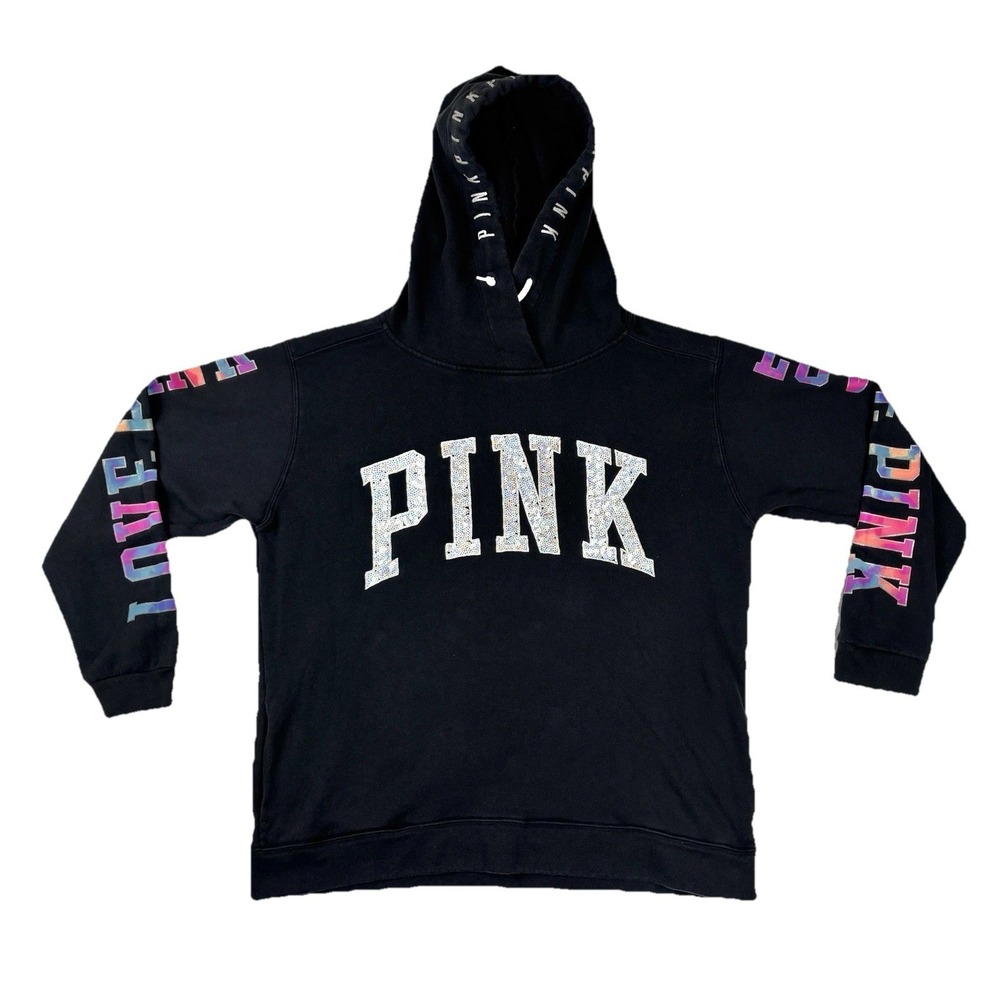 PINK Victoria's Secret Women's Large Black‎ Sequin Hoodie LOVE PINK Pullover
